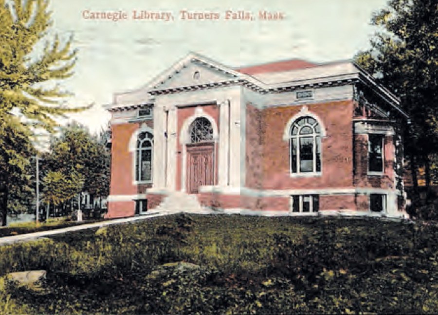 A hand-tinted postcard, circa 1908, of the Carnegie Library in Turners Falls, Massachusetts.